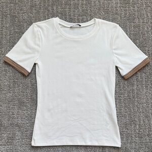 Elegant White Top with Glittery Tan Accents